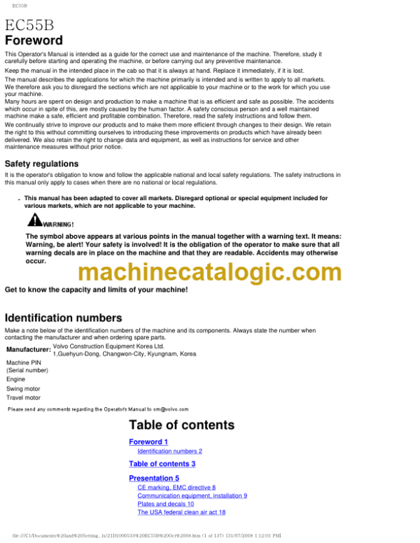 Volvo EC55B Excavator Operators Manual