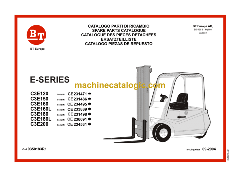 BT C3E120, C3E160, C3E150, C3E160L, C3E180, C3E180L, C3E200 Electric Counterbalance Forklift Cargo Parts Manual