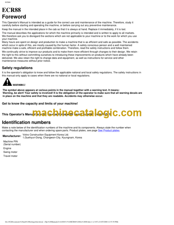 Volvo ECR88 Excavator Operators Manual