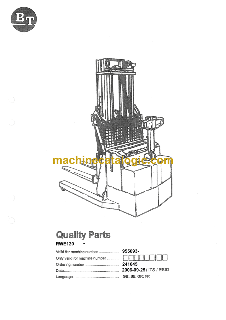 BT RWE120 Pedestrian Pallet Truck Quality Parts Manual
