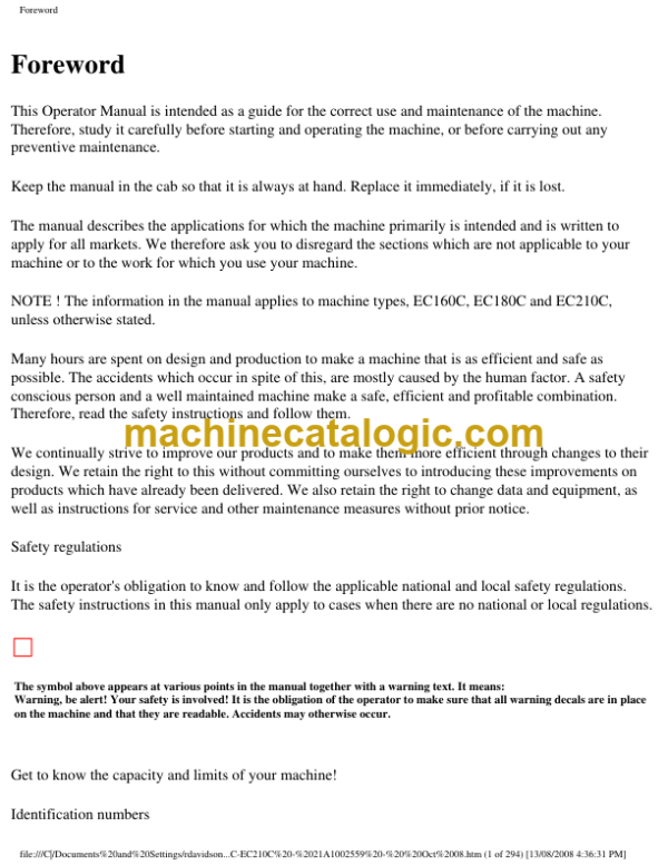 Volvo EC160C, EC180C, EC210C Excavator Operators Manual