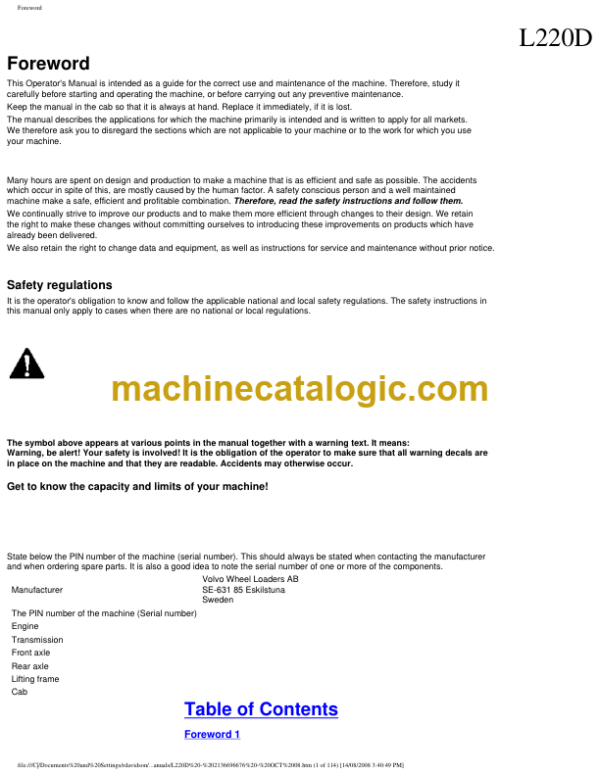Volvo L220D Wheel Loader Operators Manual