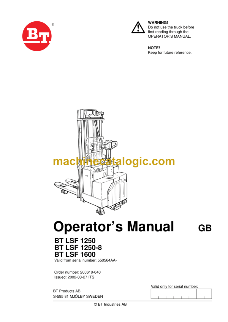 BT LSF1250, LSF1250-8, LSF1600 Pedestrian Stacker Operators Manual