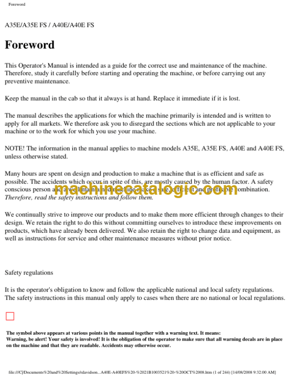 Volvo A35E, A35E FS, A40E, A40E FS Articulated Dump Truck Operators Manual