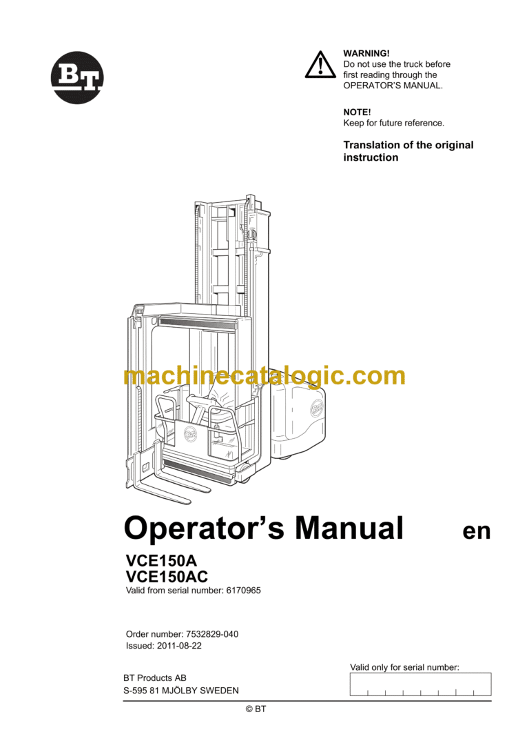 BT VCE150A, VCE150AC Very Narrow Aisle Truck Operators Manual