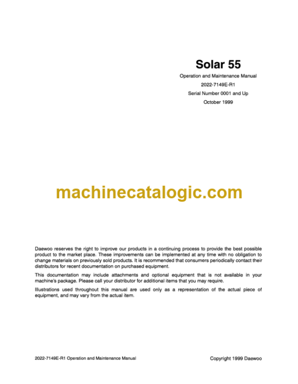 Daewoo Solar 55 Excavator Operation and Maintenance Manual (Serial Number 0001 and Up)