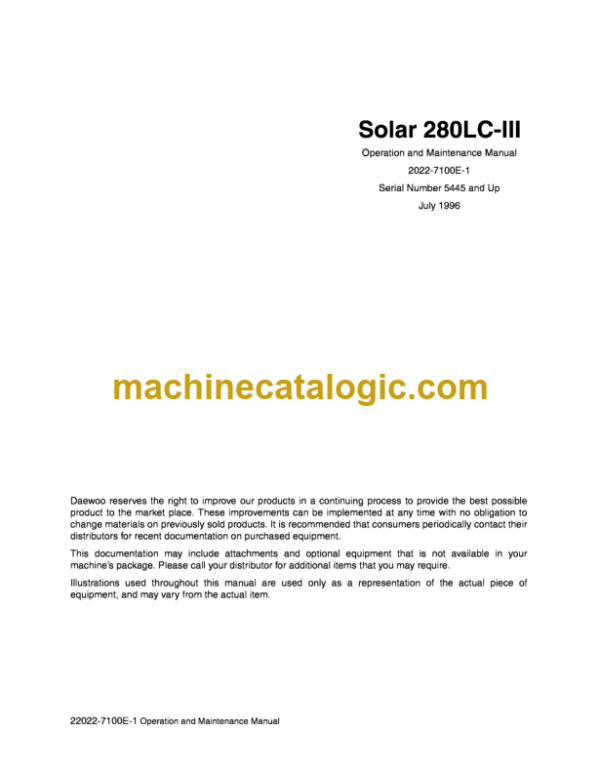 Daewoo Solar 280LC-3 Excavator Operation and Maintenance Manual (Serial Number 5445 and Up)