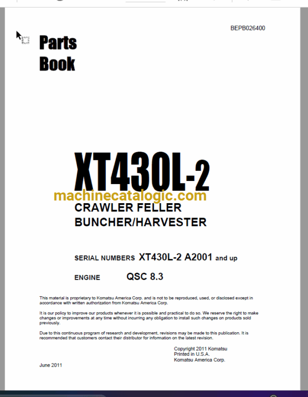 Komatsu XT430L-2 Crawler Feller Buncher, Harvester Parts Book (BEPB026400)