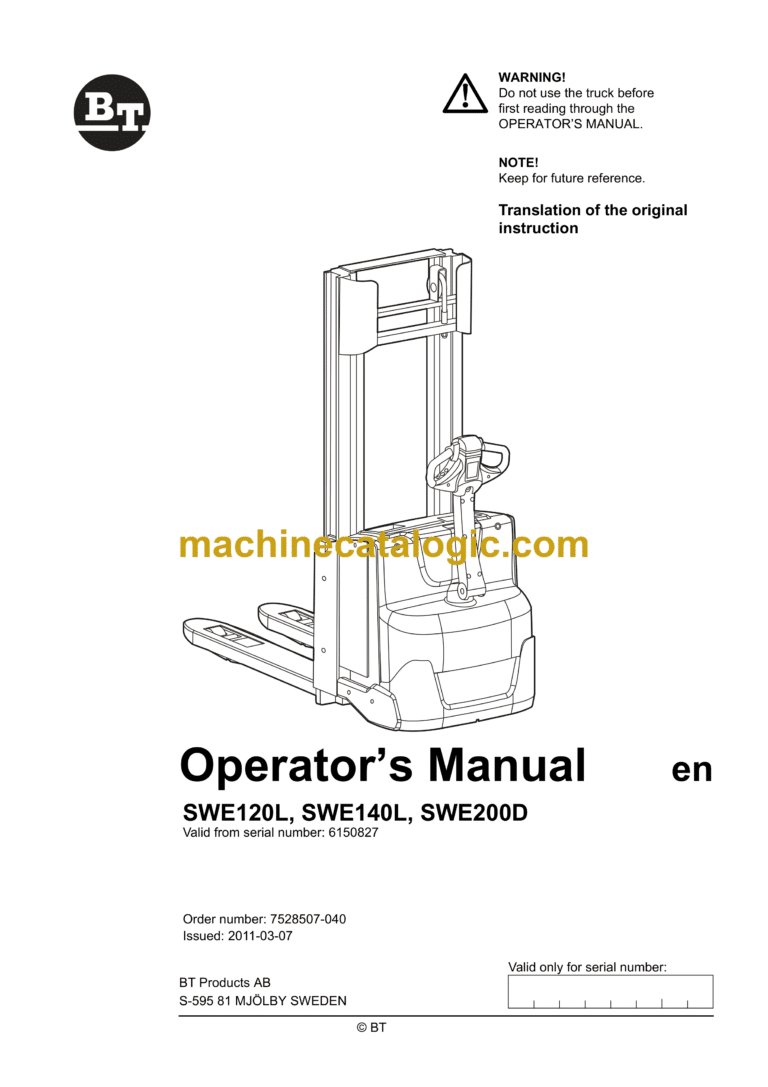 BT SWE120L, SWE140L, SWE200D Pedestrian Stacker Operators Manual