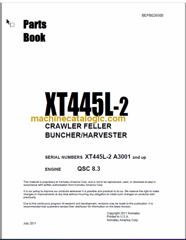 Komatsu XT445L-2 Crawler Feller Buncher, Harvester Parts Book (BEPB026500)