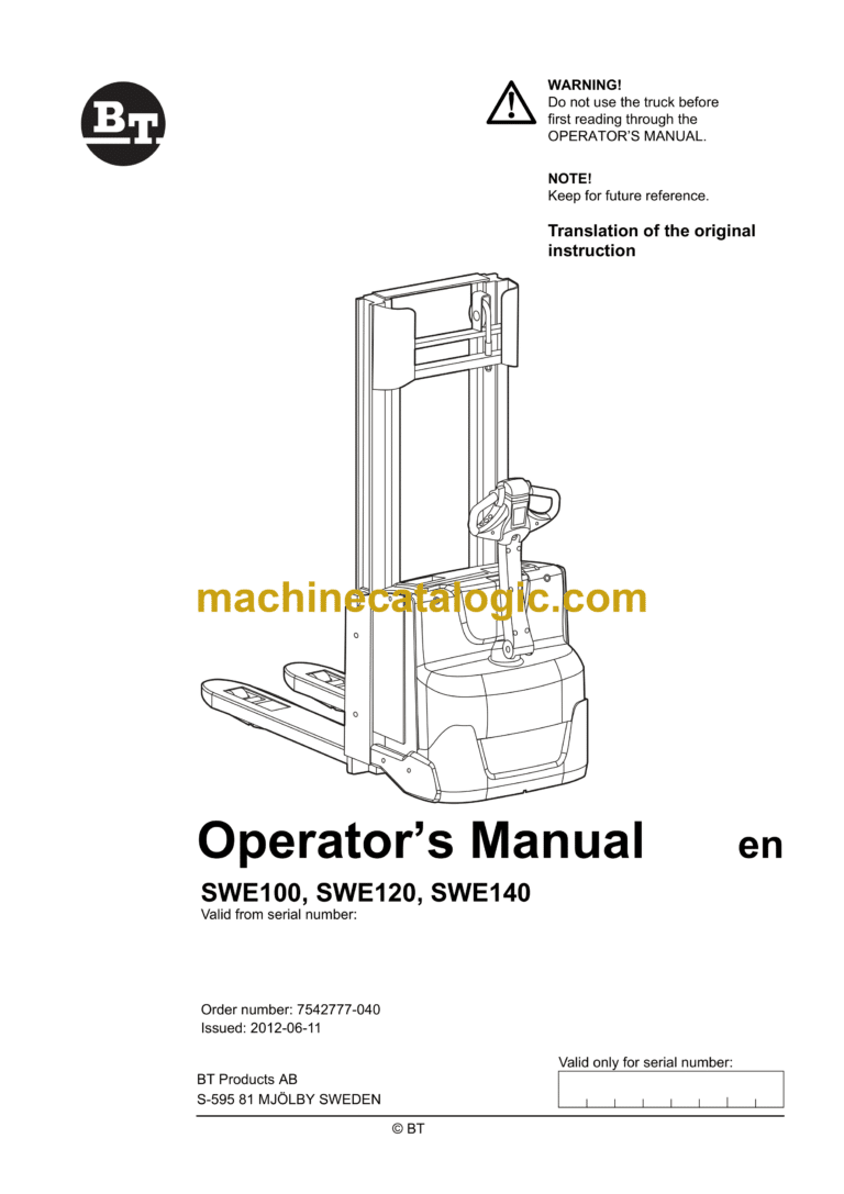 BT SWE100, SWE120, SWE140 Pedestrian Stacker Operators Manual