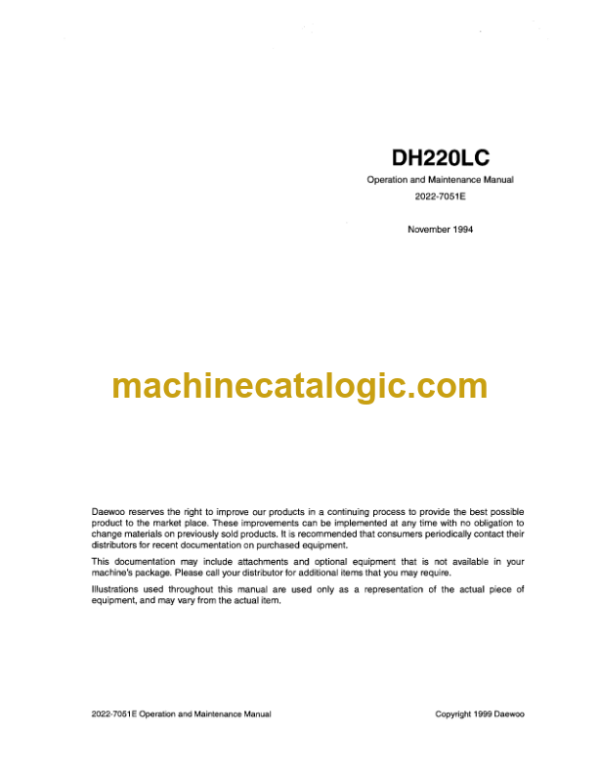 Daewoo DH220LC Excavator Operation and Maintenance Manual (2022-7051E)