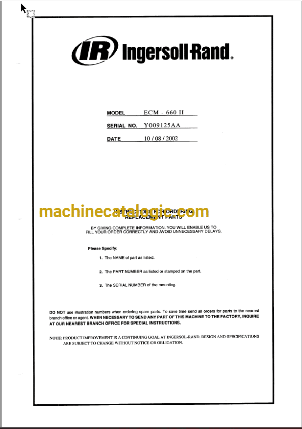 Ingersoll Rand ECM660-2 Blasthole Drill Rig Parts Manual