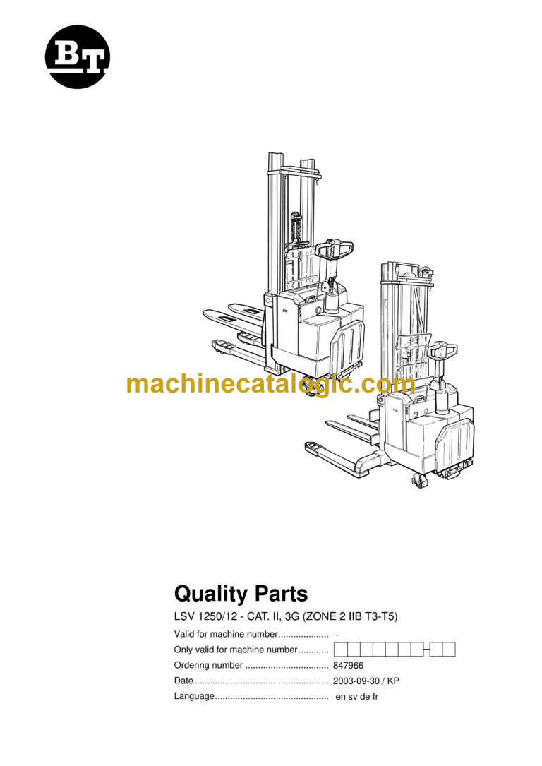 BT LSV 1250-12 - CAT. II, 3G (ZONE 2 IIB T3-T5) Pedestrian Stacker Quality Parts Manual