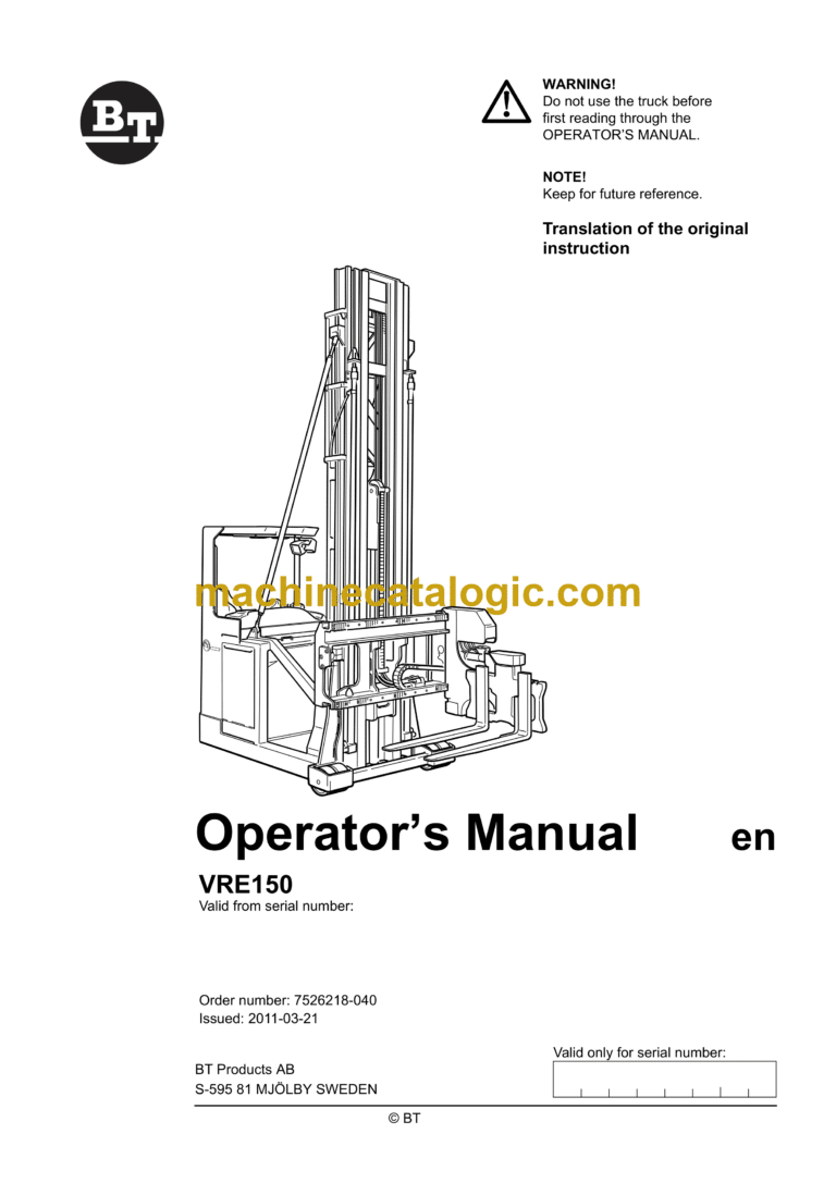 BT VRE150 Very Narrow Aisle Truck Operators Manual