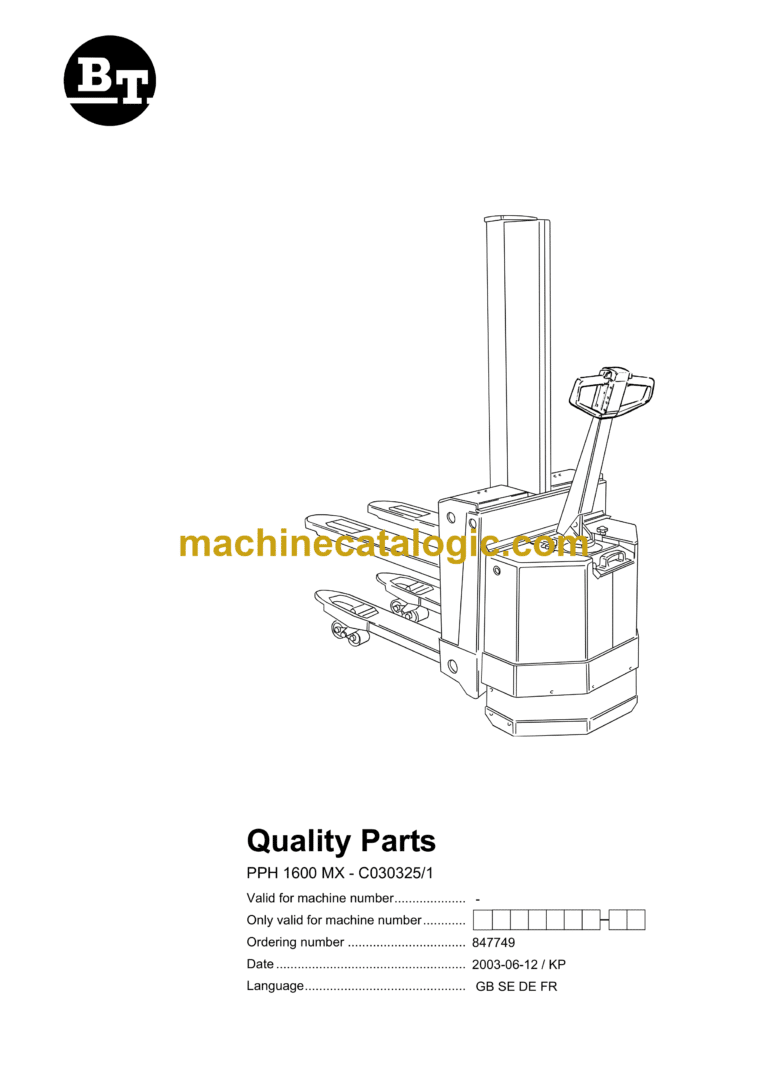 BT PPH 1600 MX - C030325-1 Pedestrian Stacker Quality Parts Manual