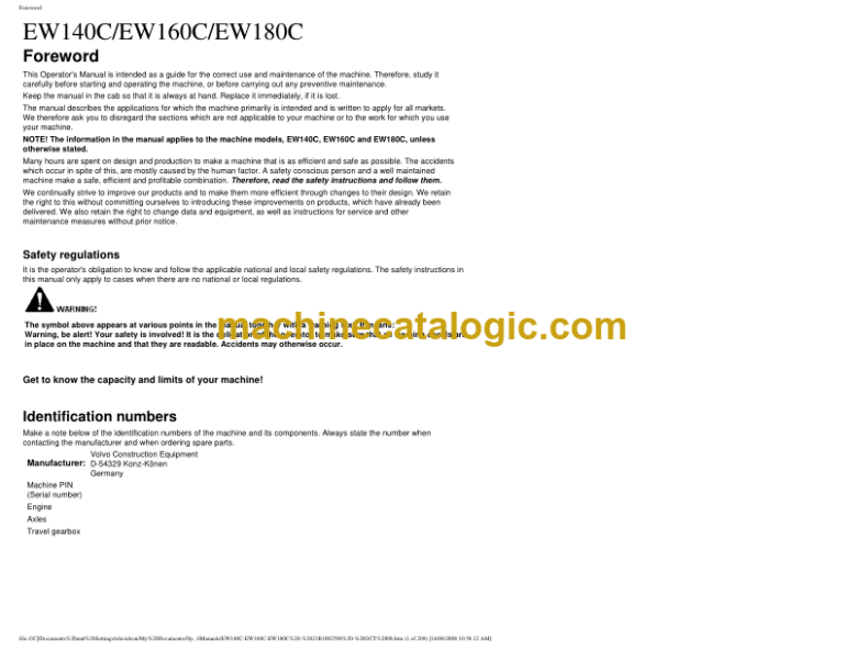 Volvo EW140C, EW160C, EW180C Wheeled Excavator Operators Manual