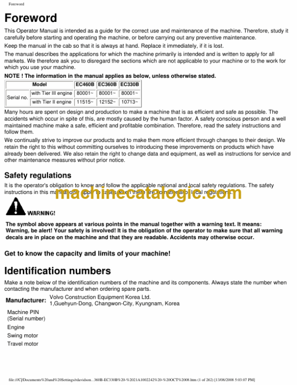 Volvo EC460B, EC360B, EC330B Excavator Operators Manual