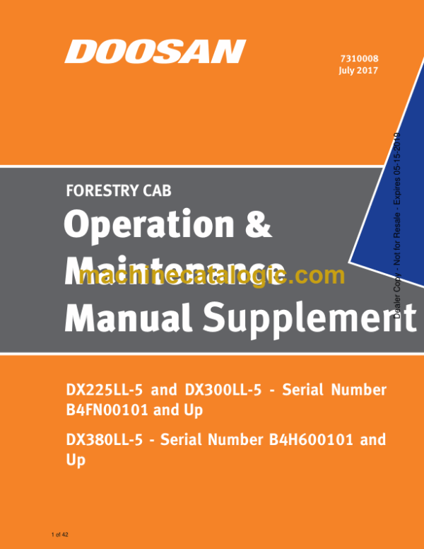 Doosan DX225LL-5, DX300LL-5, DX380LL-5 Excavator Operation and Maintenance Manual Supplement (B4FN00101, B4H600101)