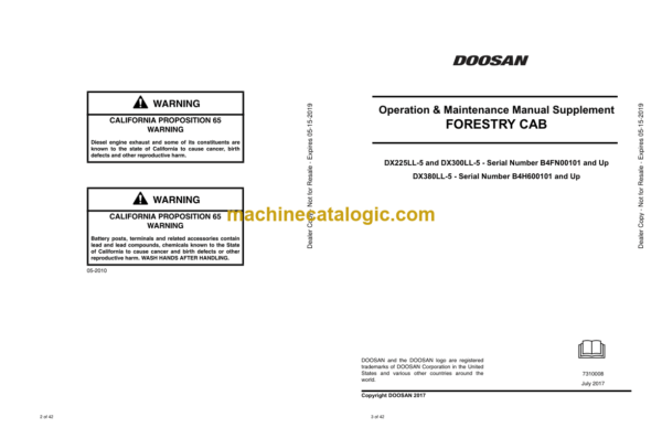 Doosan DX225LL-5, DX300LL-5, DX380LL-5 Excavator Operation and Maintenance Manual Supplement (B4FN00101, B4H600101) - Image 2