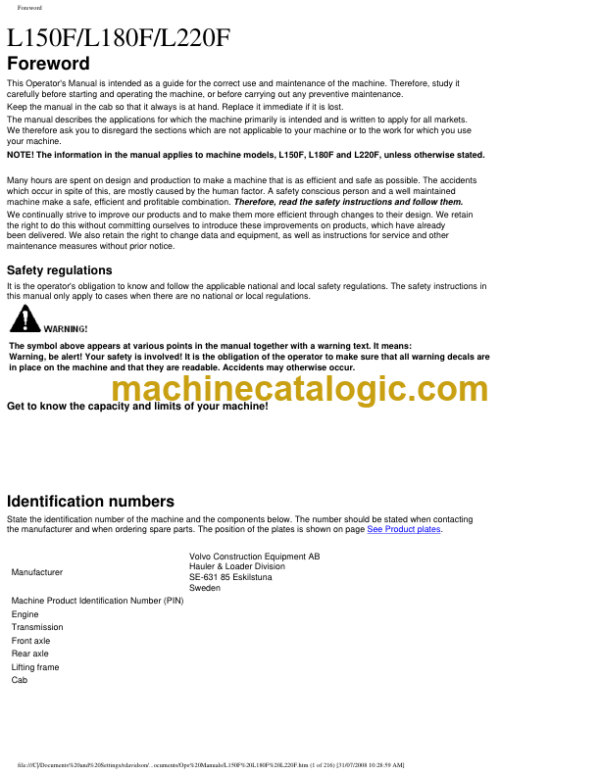 Volvo L150F, L180F, L220F Wheel Loader Operators Manual