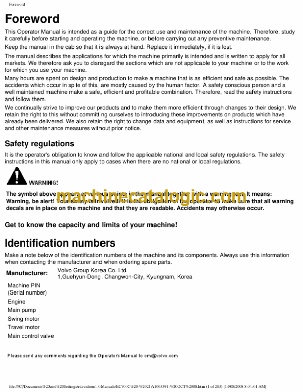 Volvo EC700C Excavator Operators Manual