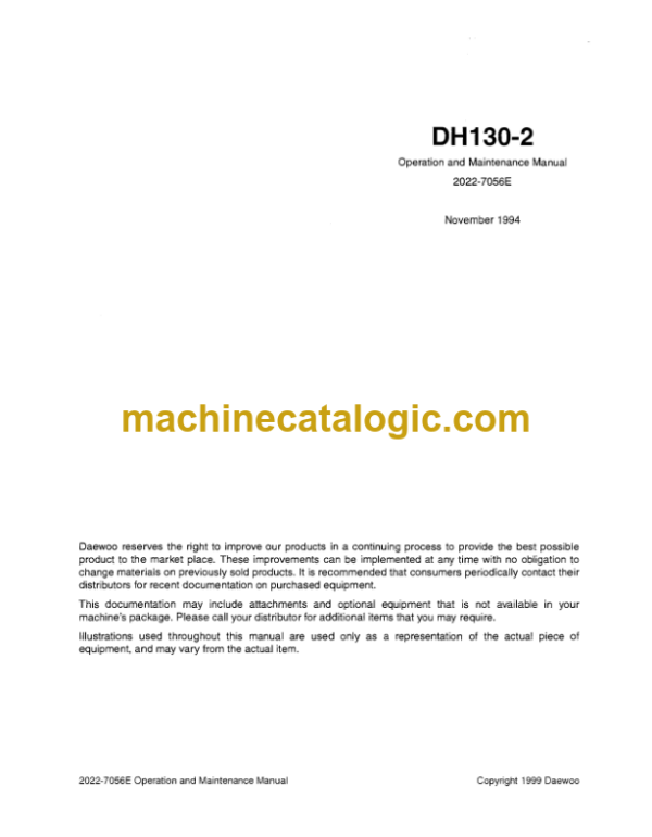 Daewoo DH130-2 Excavator Operation and Maintenance Manual (2022-7056E)