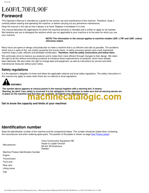 Volvo L60F, L70F, L90F Wheel Loader Operators Manual