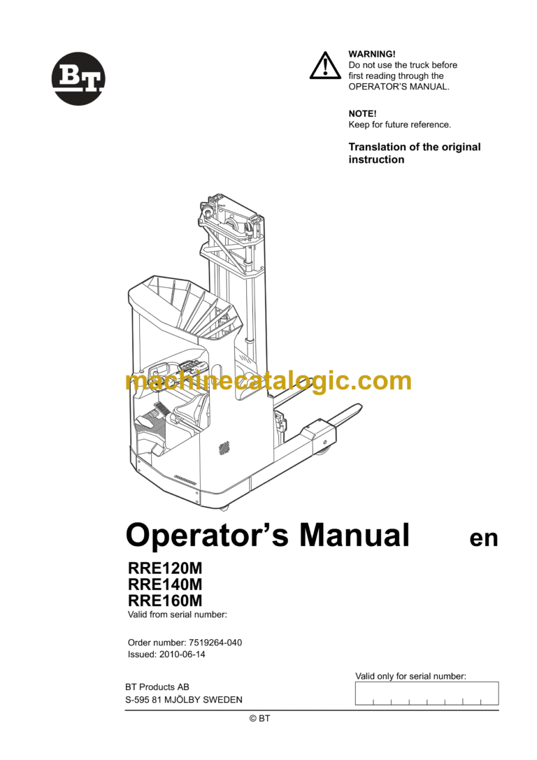 BT RRE120M, RRE140M, RRE160M Reach Truck Operators Manual