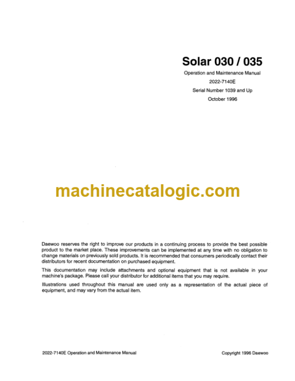 Daewoo Solar 030 Excavator Operation and Maintenance Manual (Serial Number 1039 and Up)