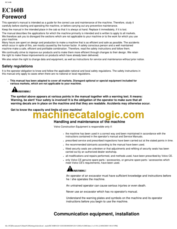 Volvo EC160B Excavator Operators Manual