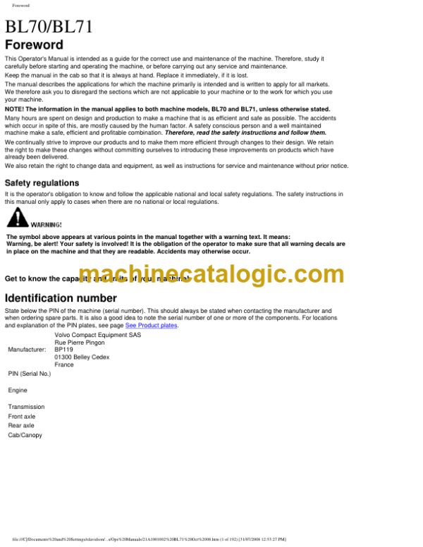 Volvo BL70, BL71 Backhoe Loader Operators Manual