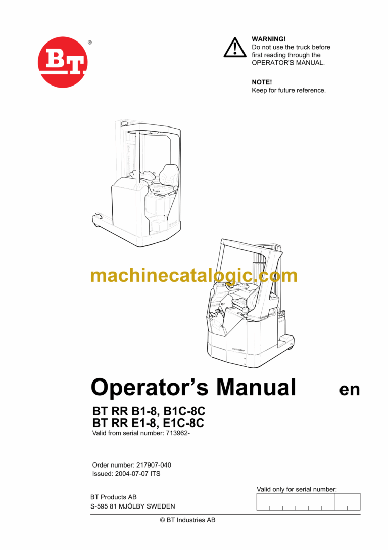 BT RR B1-8, B1C-8C, RR E1-8, E1C-8C Reach Truck Operators Manual