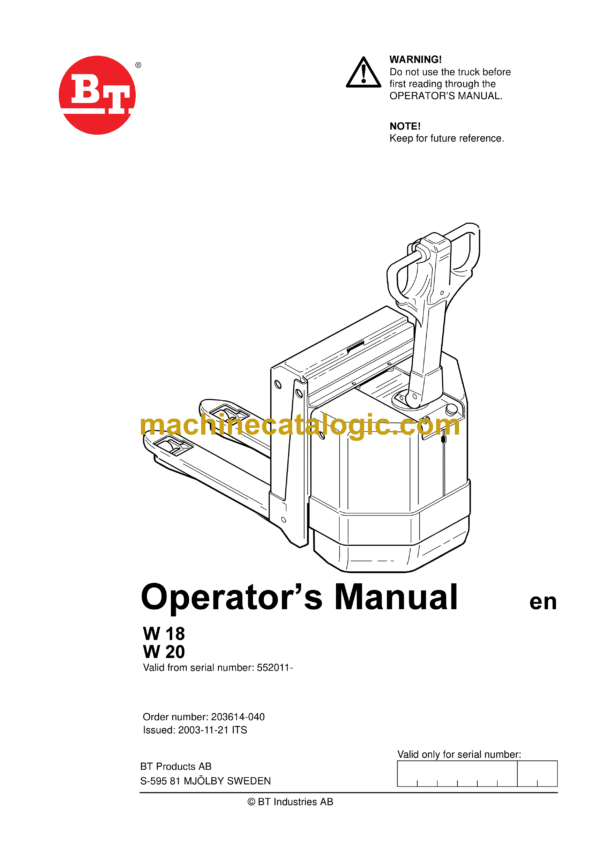 BT W18, W20 Electric Pallet Truck Operators Manual