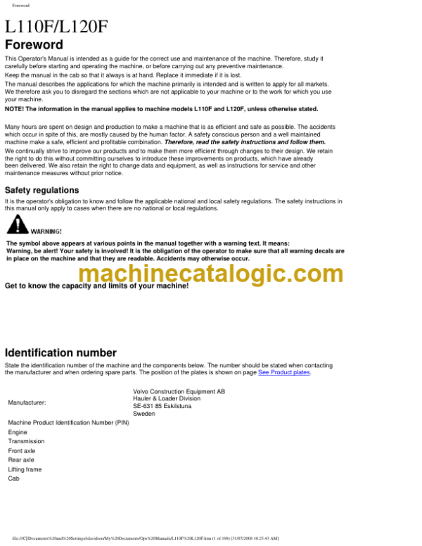 Volvo L110F, L120F Wheel Loader Operators Manual