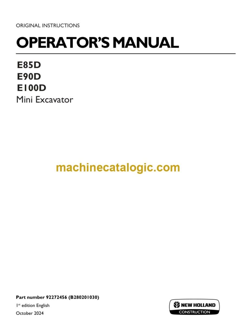 New Holland E85D, E90D, E100D Mini Excavator Operators Manual