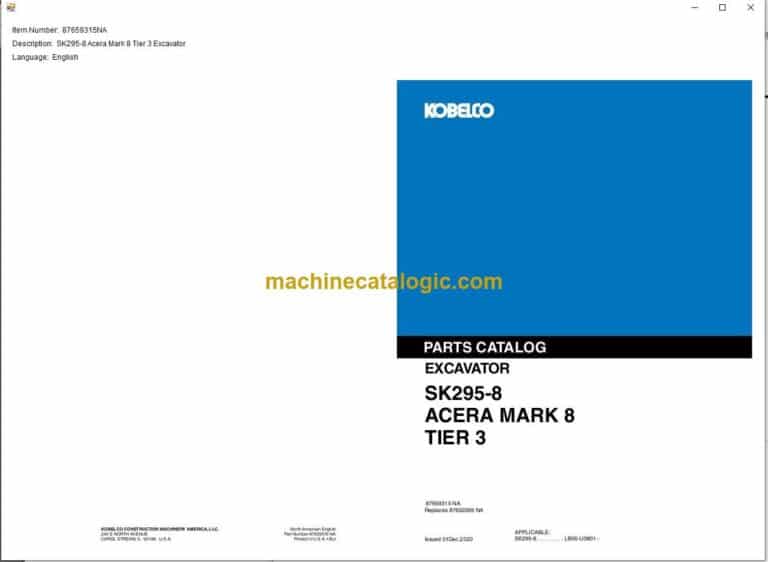Kobelco SK295-8 Tier 3 Acera Mark 8 Excavator Parts Catalog