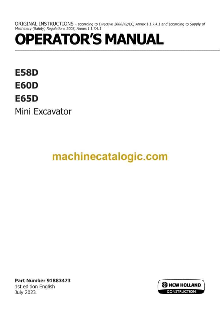 New Holland E58D, E60D, E65D Mini Excavator Operators Manual (91883473)