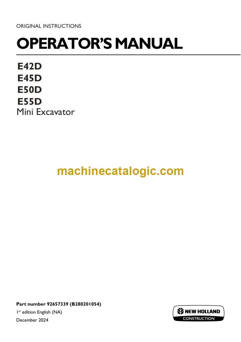 New Holland E42D, E45D, E50D, E55D Mini Excavator Operators Manual (92657339)