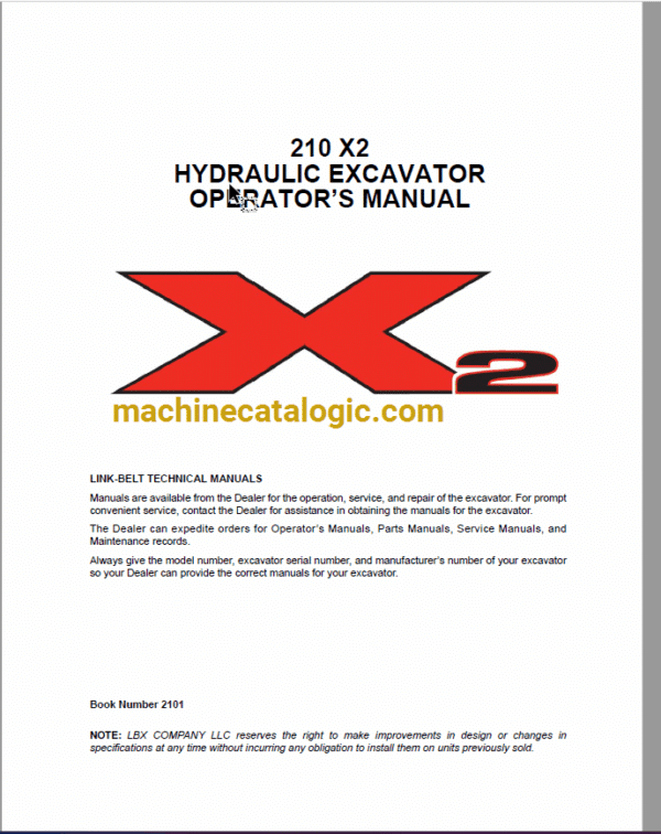 Link Belt 210x2 Hydraulic Excavator Operators Manual