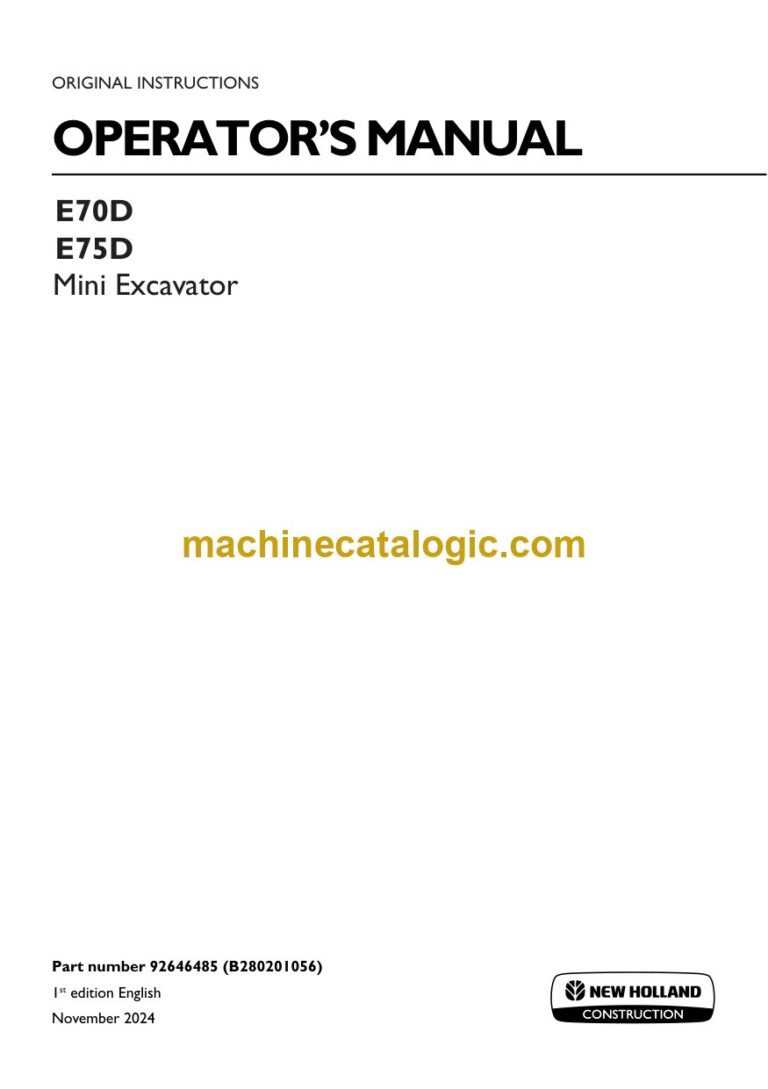 New Holland E70D, E75D Mini Excavator Operators Manual