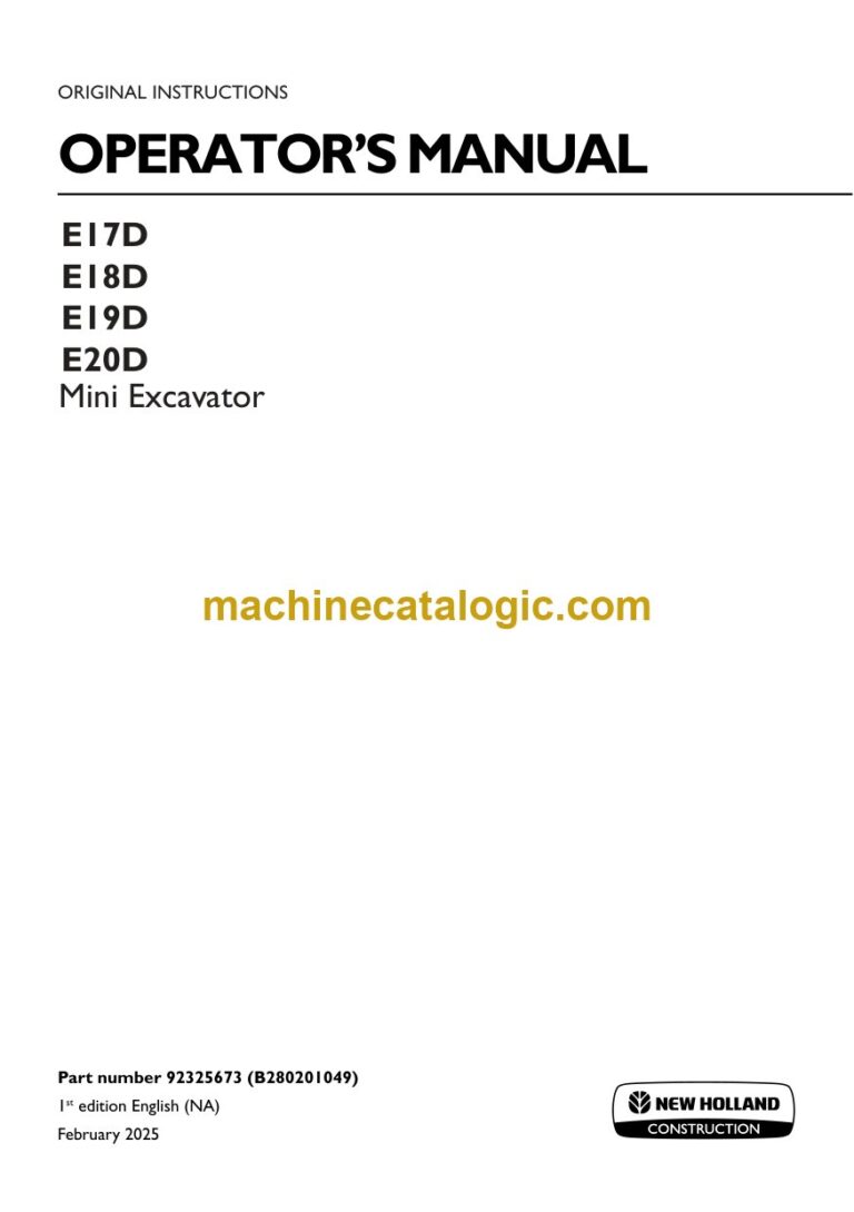 New Holland E17D, E18D, E19D, E20D Mini Excavator Operators Manual