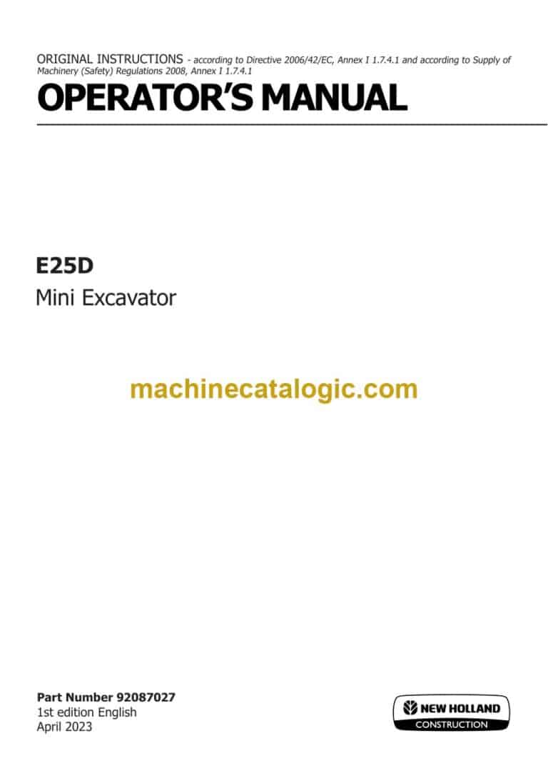 New Holland E25D Mini Excavator Operators Manual (92087027)
