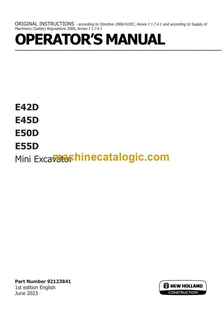 New Holland E42D, E45D, E50D, E55D Mini Excavator Operators Manual