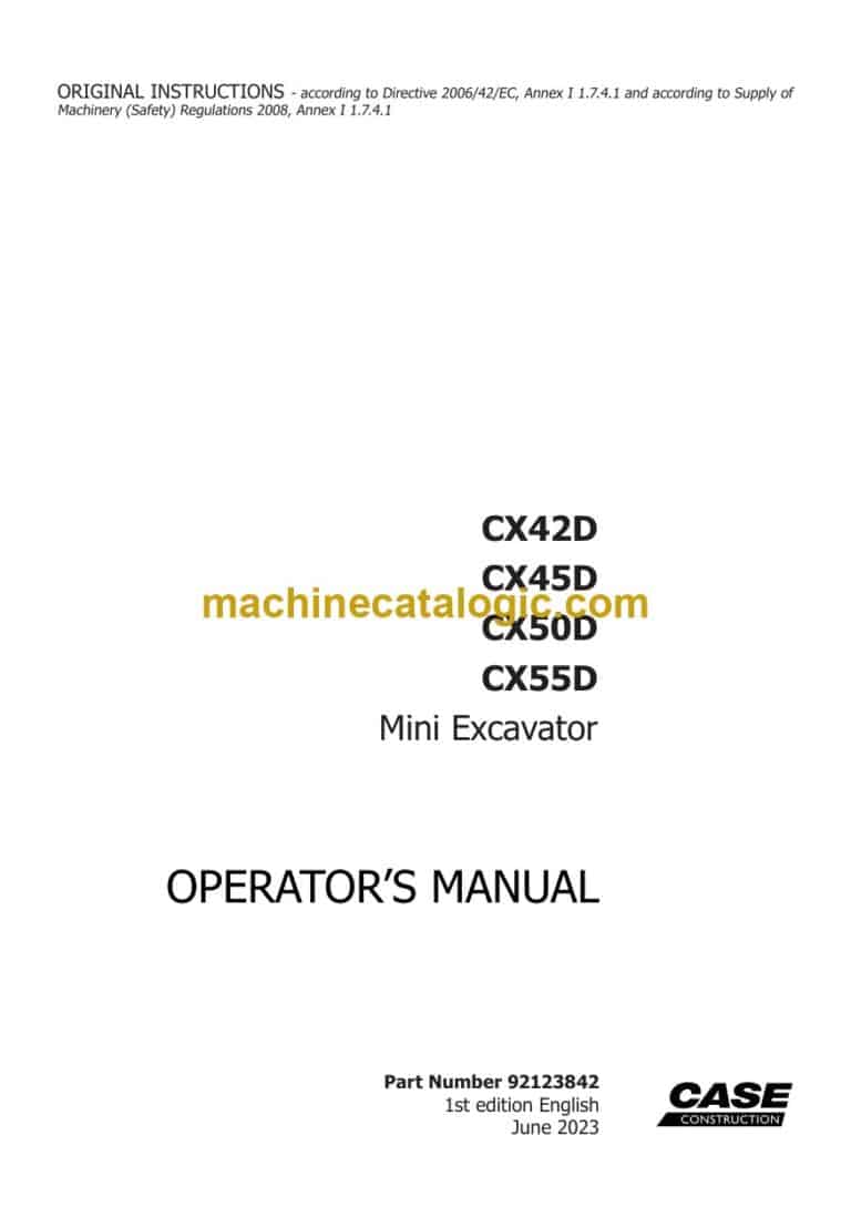 New Holland CX42D, CX45D, CX50D, CX55D Mini Excavator Operators Manual