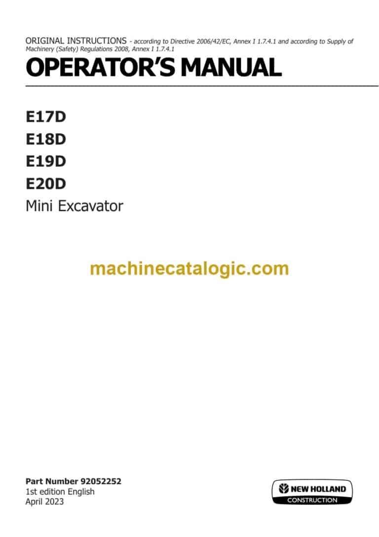 New Holland E17D, E18D, E19D, E20D Mini Excavator Operators Manual (92052252)