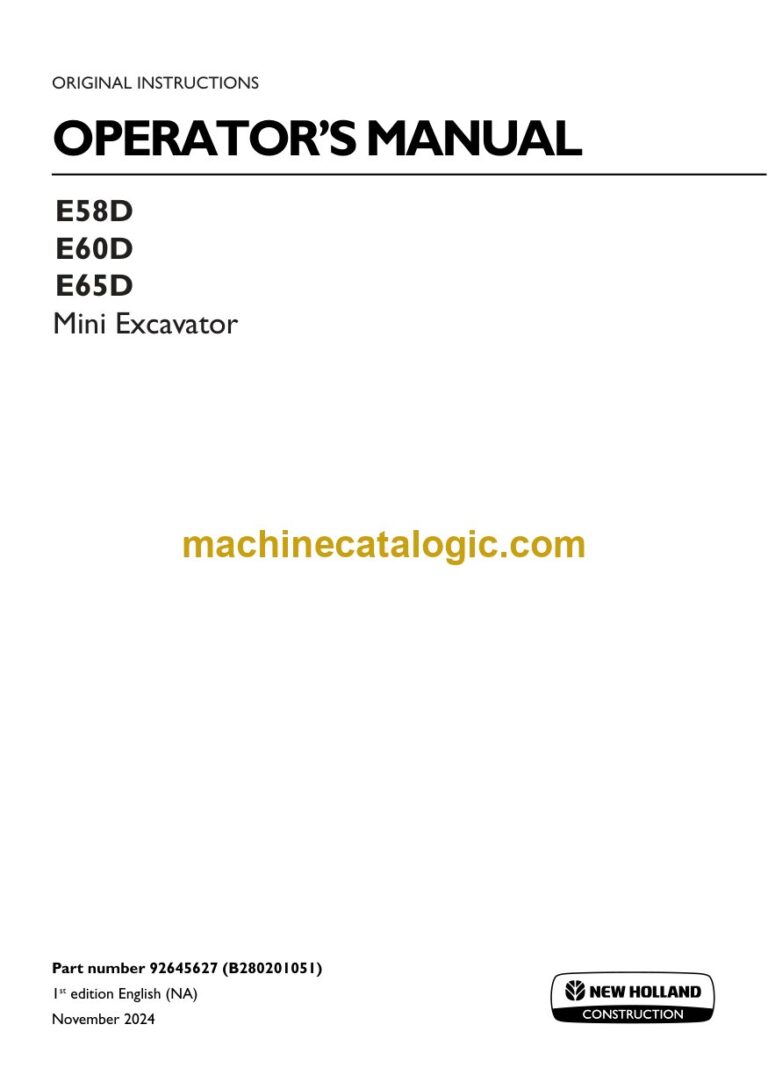 New Holland E58D, E60D, E65D Mini Excavator Operators Manual