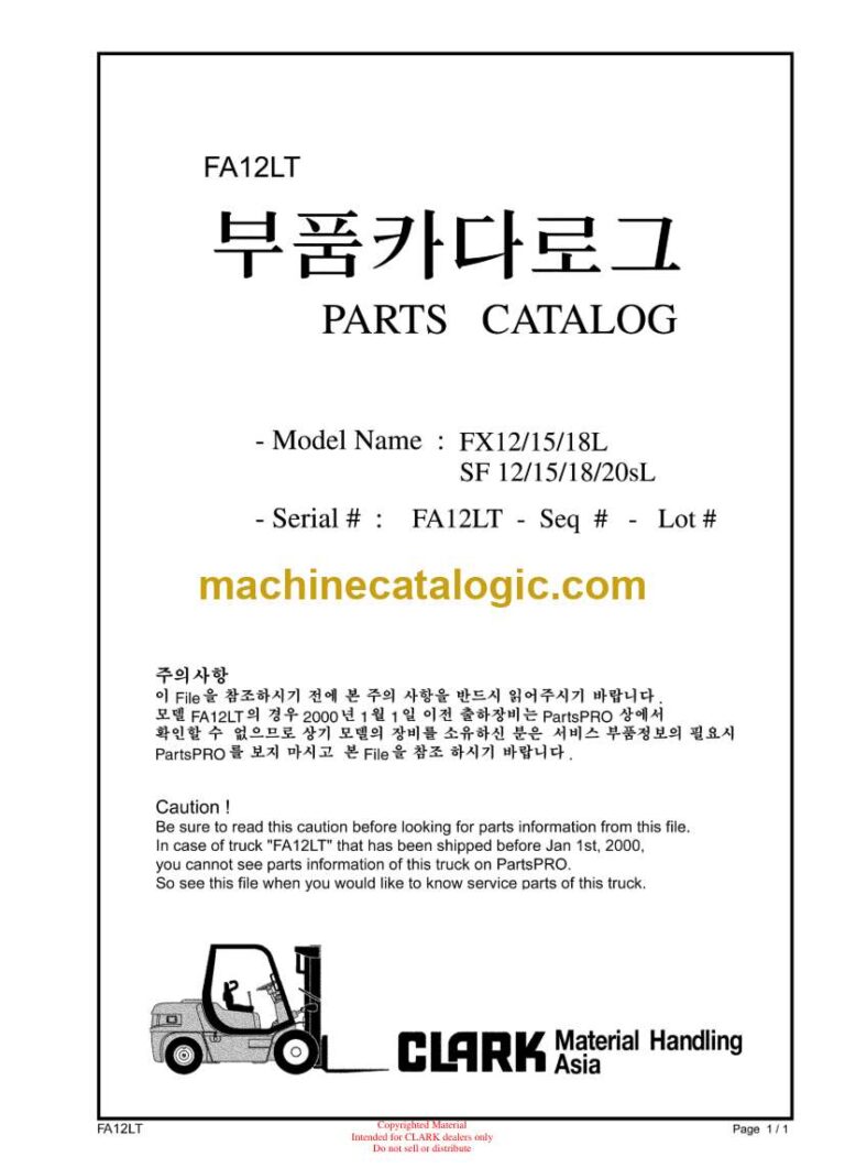 Clark FX12, FX15, FX18L, SF12, SF15, SF18, SF20sL Forklift Parts Manual (FA12LT)