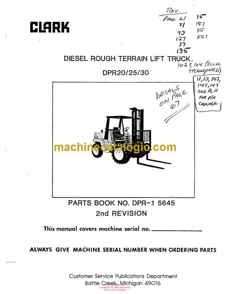 Clark DPR20, DPR25, DPR30 Diesel Rough Terrain Lift Truck Parts Manual (DPR-1 5645 2nd Rev)