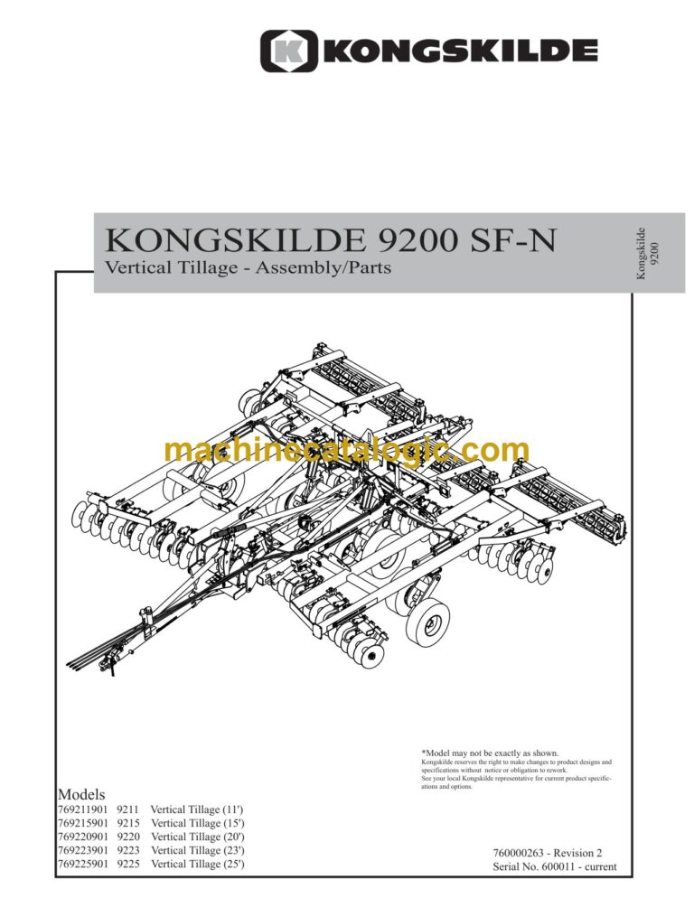 Kongskilde 9200 SF-N Vertical Tillage Assembly Instructions and Parts Manual